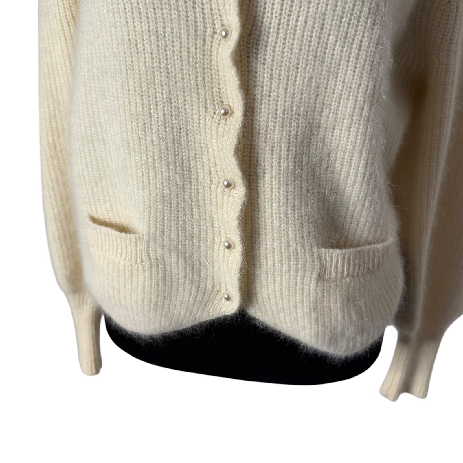 Vintage Sideffects Fuzzy Cardigan Sweater Size M Cream Balloon Sleeve Cozy Knit
