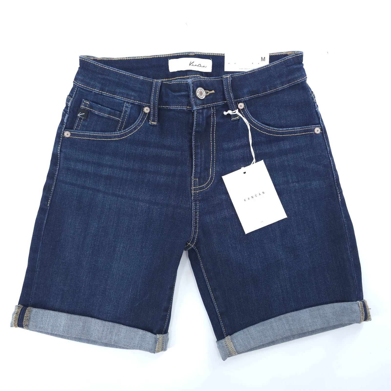 Kancan Shorts M 27 Mid Rise Bermuda Cuffed Blue Dark Wash Stretch 6 Inch Inseam