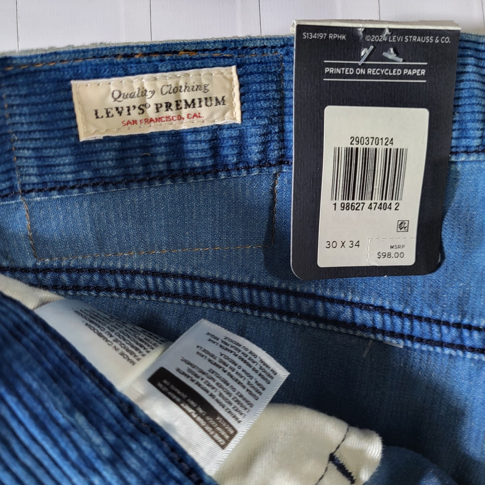 Levis Premium 568 Corduroy Jeans 30×34 New Loose Straight Men’s Blue New W Tags