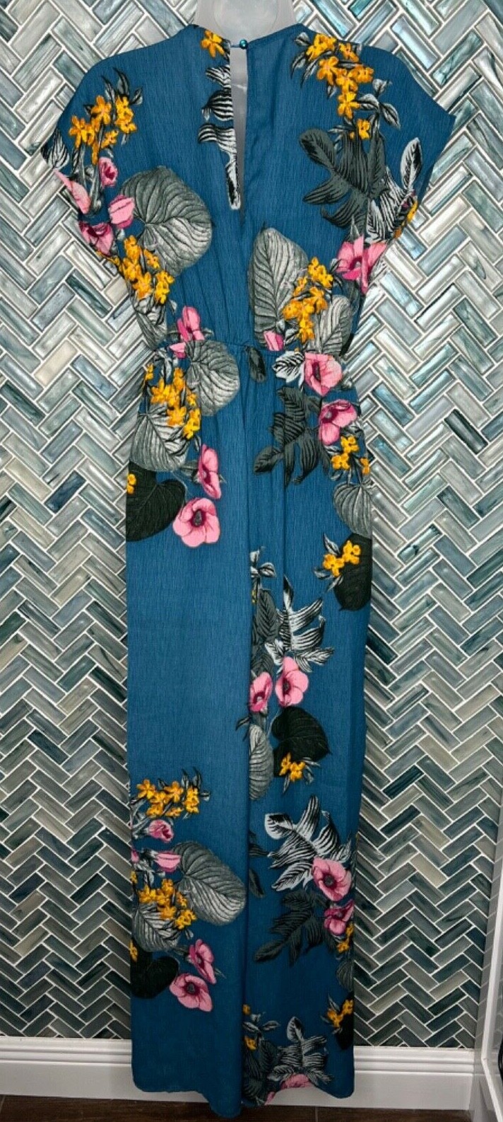 CHARLOTTE RUSSE DRK TEAL FLORAL TIE FRONT TROPICAL HIGH WAISTED JUMPER ROMPER XS