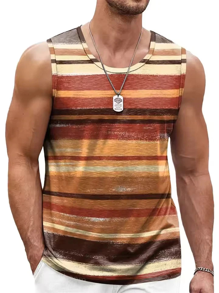 Retro Striped 3D Graphic Tank Top for Men – Sleeveless Quick-Dry Summer Vest