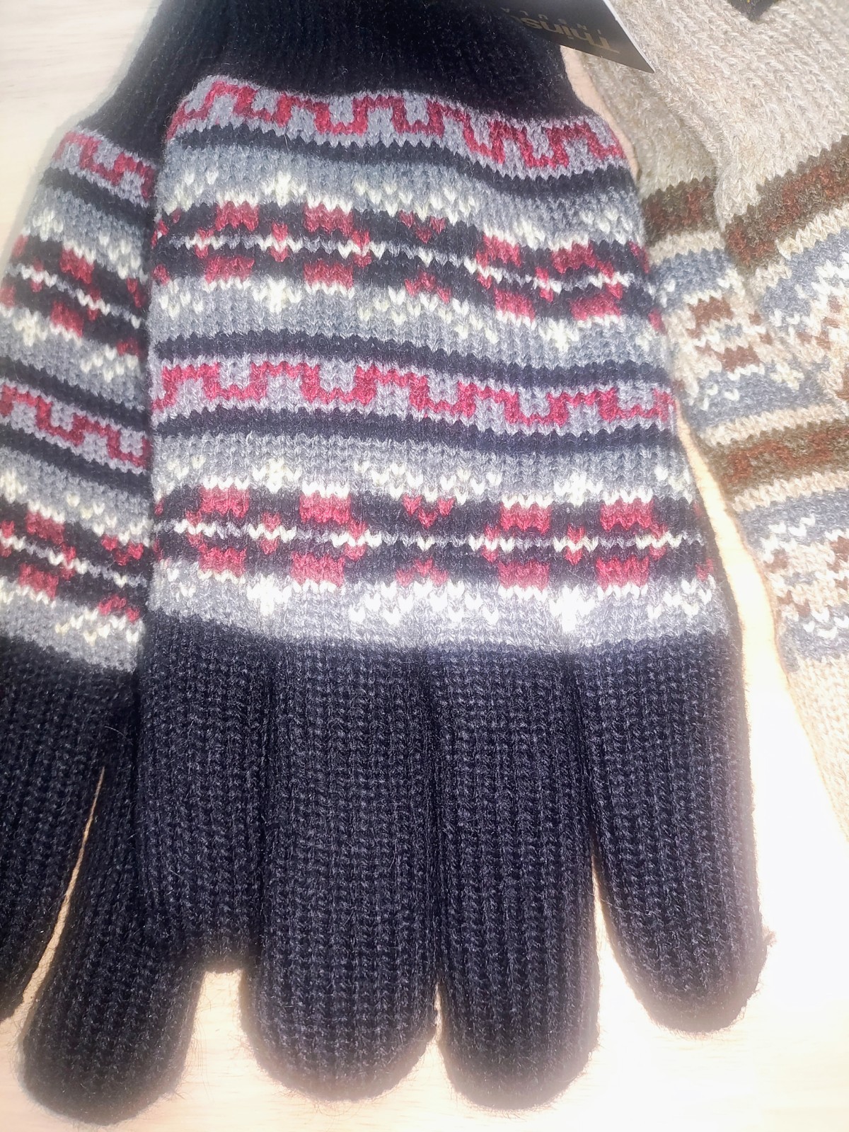 2 Prs Vtg Thinsulate Plus Acrylic Mohair Blend Gloves Brown Black Fair Isle NWT