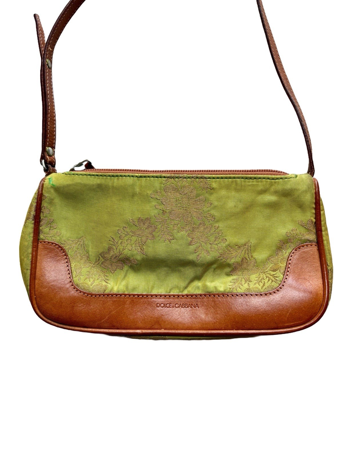 Vintage Dolce & Gabbana Green Floral Small Shoulder Bag Zip Top, Silver Hardware