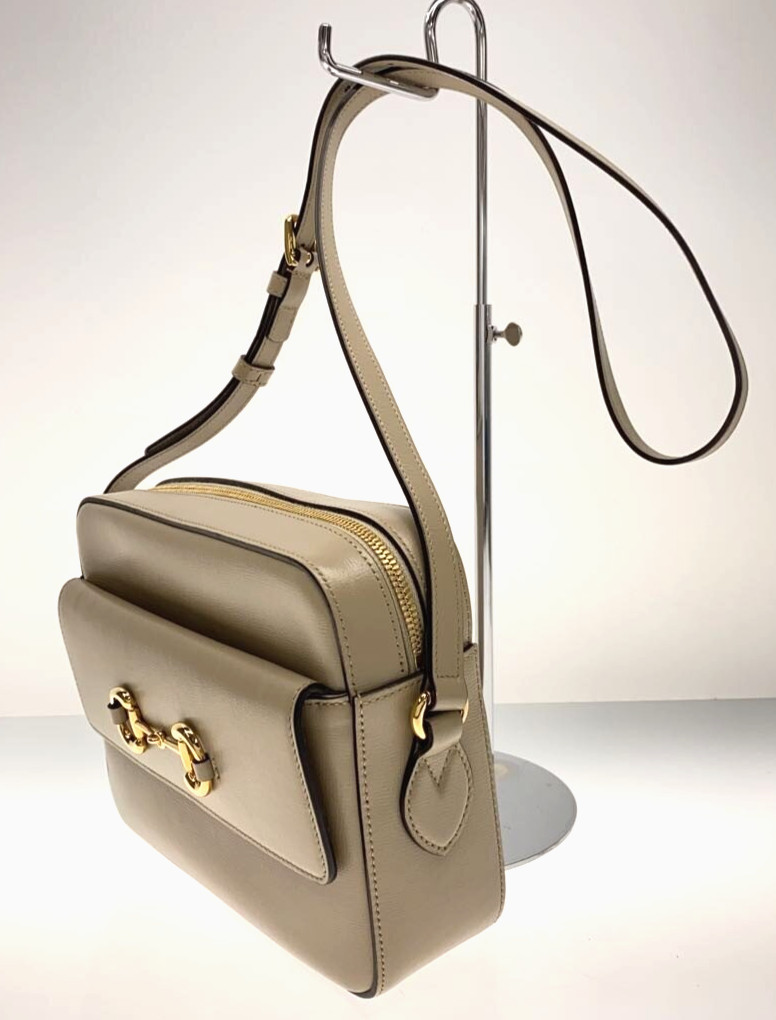 Gucci Horsebit 1955 Leather Shoulder Bag Beige Handbag W 8.86in Authentic 645454