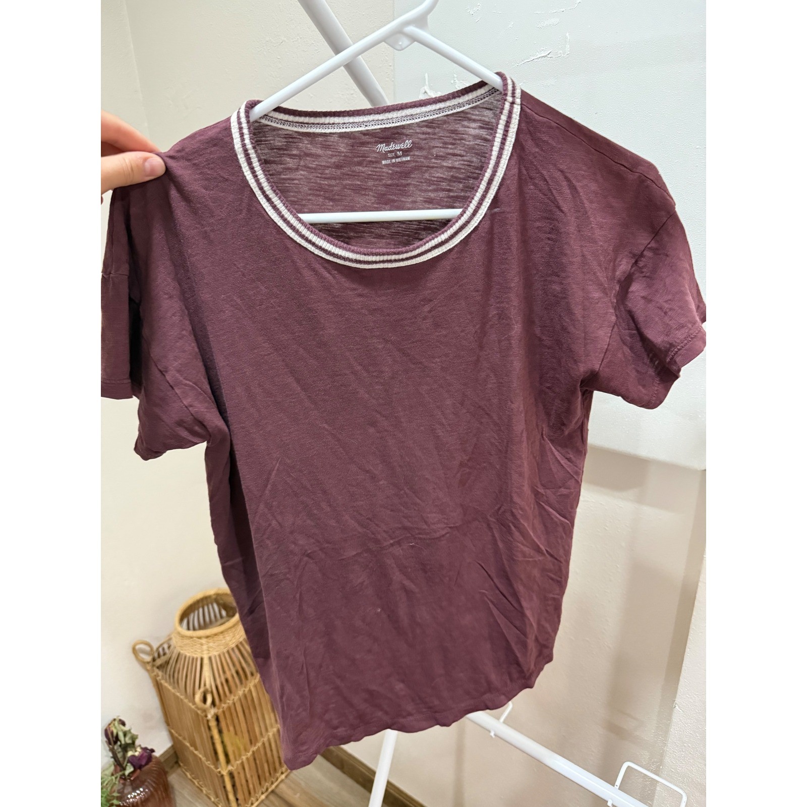 Madewell Burgundy Ringer Tee Short Sleeve Striped Crew Neck Slub Knit Top Size M