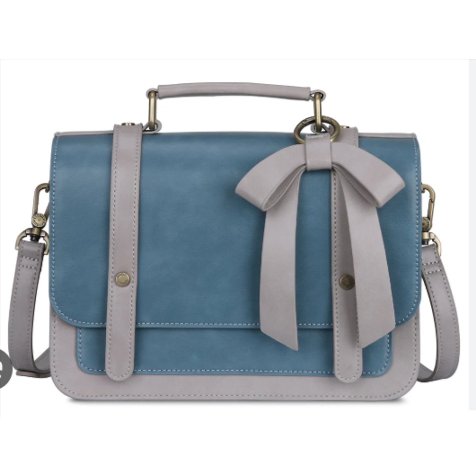 ECOSUSI Blue & Beige Two-Tone Messenger Bag – Detachable Bow – Retro Satchel