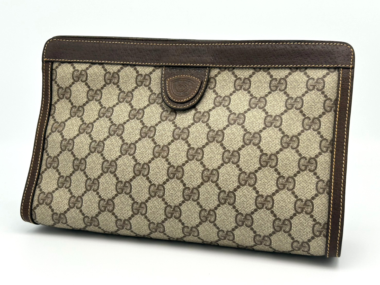 Gucci Clutch Bag GG Supreme Pouch Brown PVC Leather Vintage Authentic