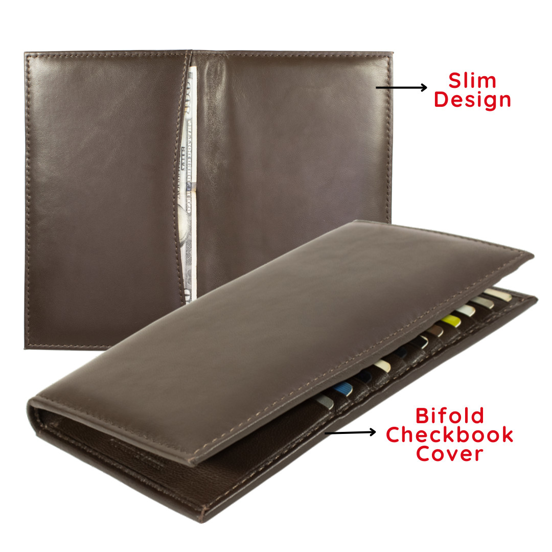 Checkbook Cover, Genuine Leather Bifold Long Checkbook with RFID Blocking, Brown