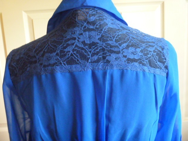 WET SEAL Royal Blue L Polyester Lace Yoke Buttons Tab Up Sleeves Casual Work