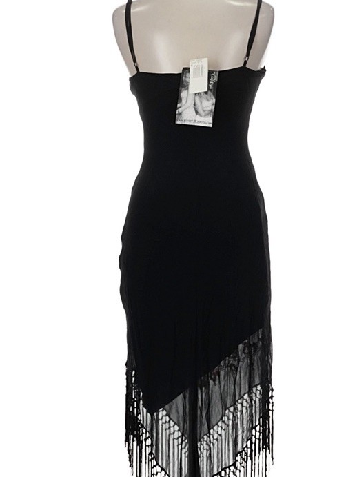 Vintage Betsey Johnson Size 6 Silk Black Sequin Fringe Stretch Mesh Midi Dress