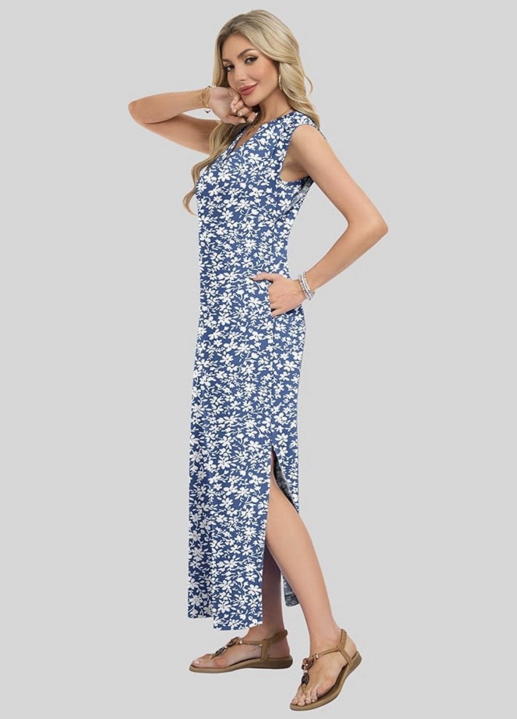 Women’s Blue/White Floral V-Neck Sleeveless Long Maxi Dress Side Slit