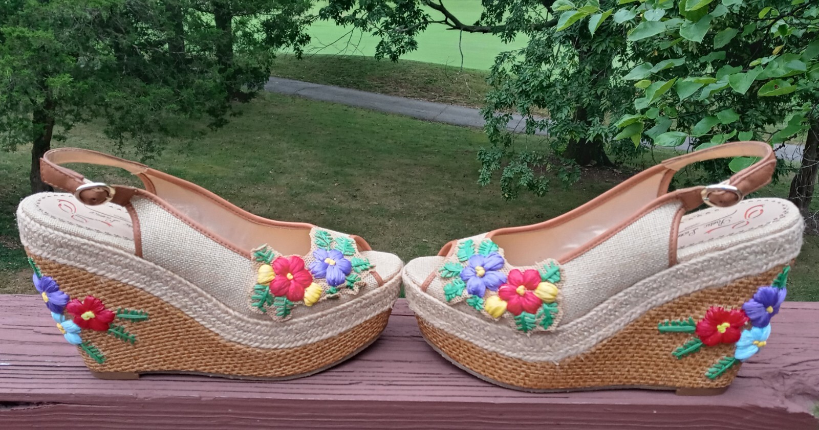 Poetic Licence 8.5 Sandals Natural Petal Pusher Floral Fabric Leather Wedge Shoe