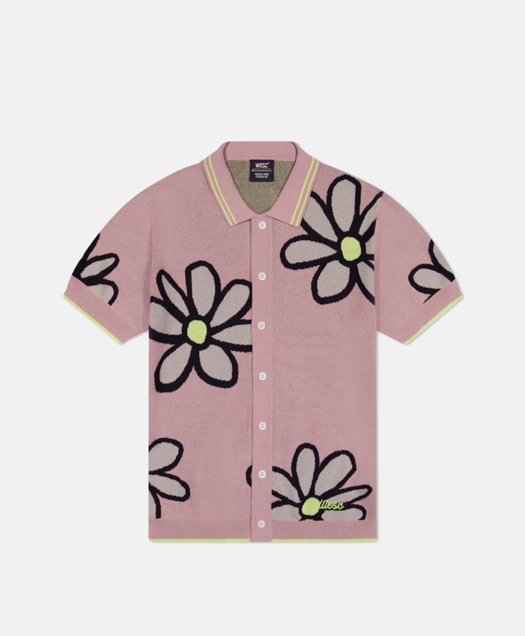 WESC Polo Shirt Men’s M W/L Brown Yellow Daisy Floral Knit Collared Button Up