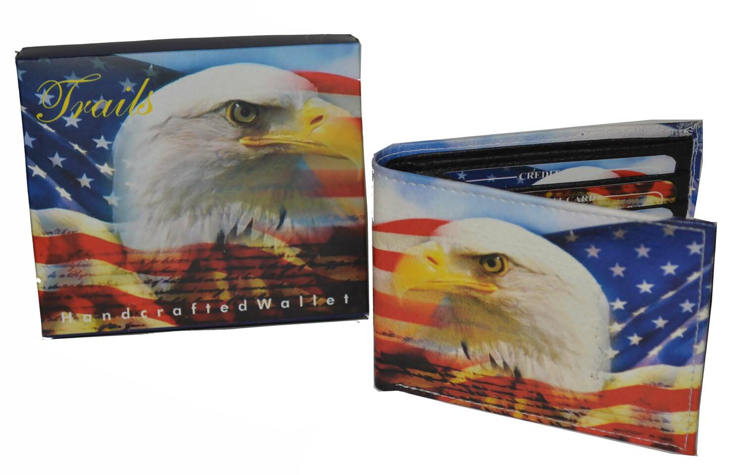 Leatherboss Men Bifold Exotic Wallet US American Flag Eagle with gift box