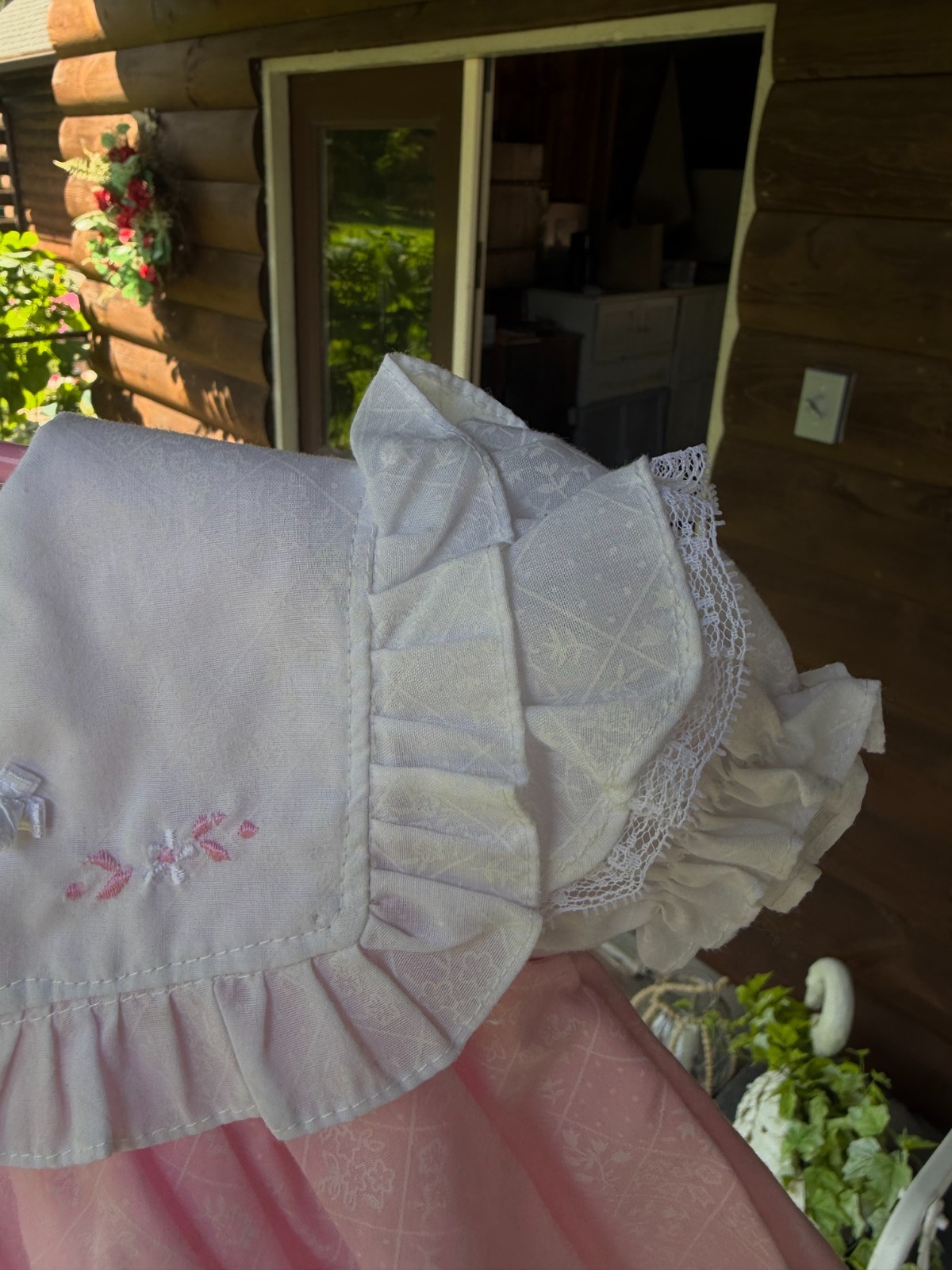 Vintage 2pc Pink White Embroidered Hearts MAYFAIR Girls Dress 6-9mo Lace ruffle