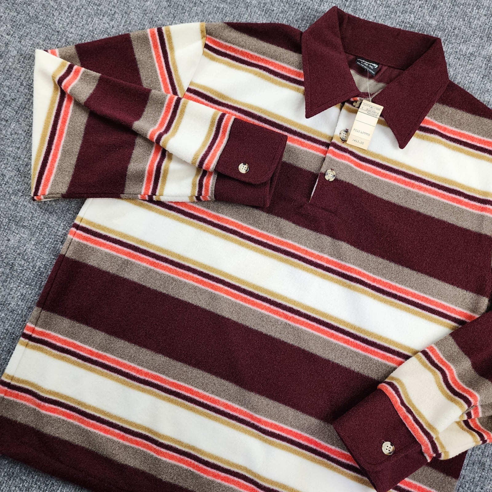 Vintage 70s JCPenney Mod Large Striped Long Sleeve Polo Shirt Acetate Polyester