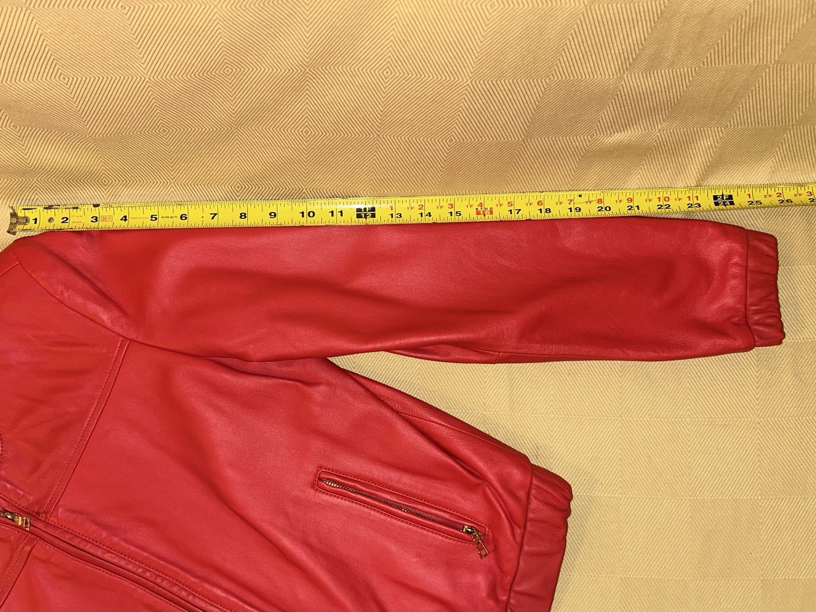 Bagatelle Collection Red Genuine Leather Jacket Womens M Collarless Gold Zip EUC