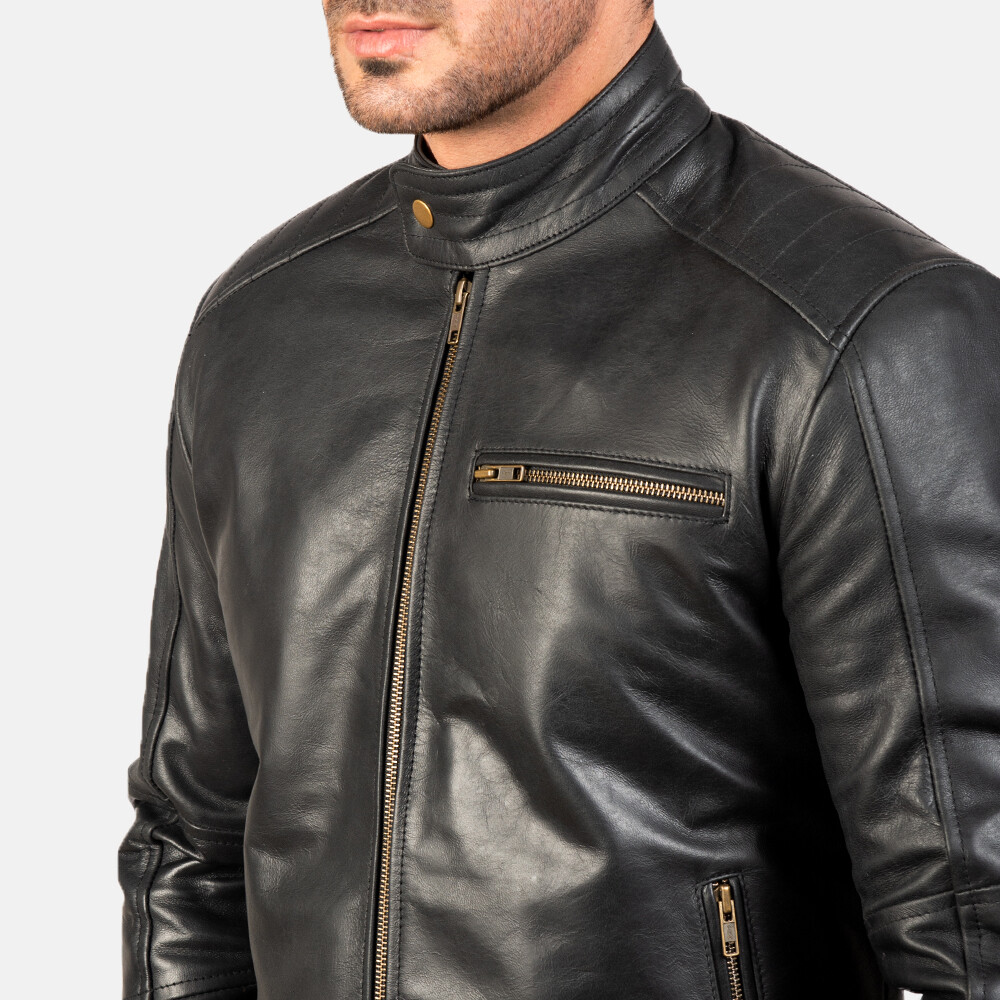 Mens Cafe Racer Leather Jacket Pure Black Lambskin Size XS S M L XL XXL 3XL 4XL