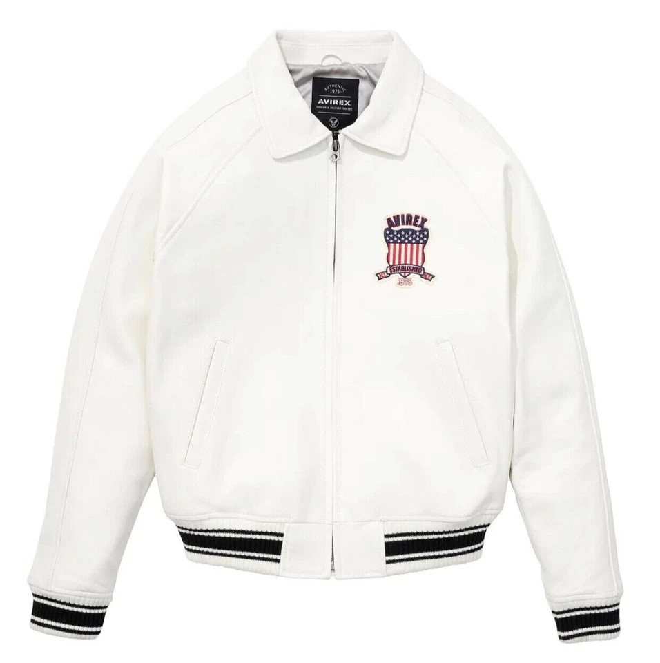 Avirex Ivory Varsity Jacket Zip Front USA Crest Patch Streetwear Coat