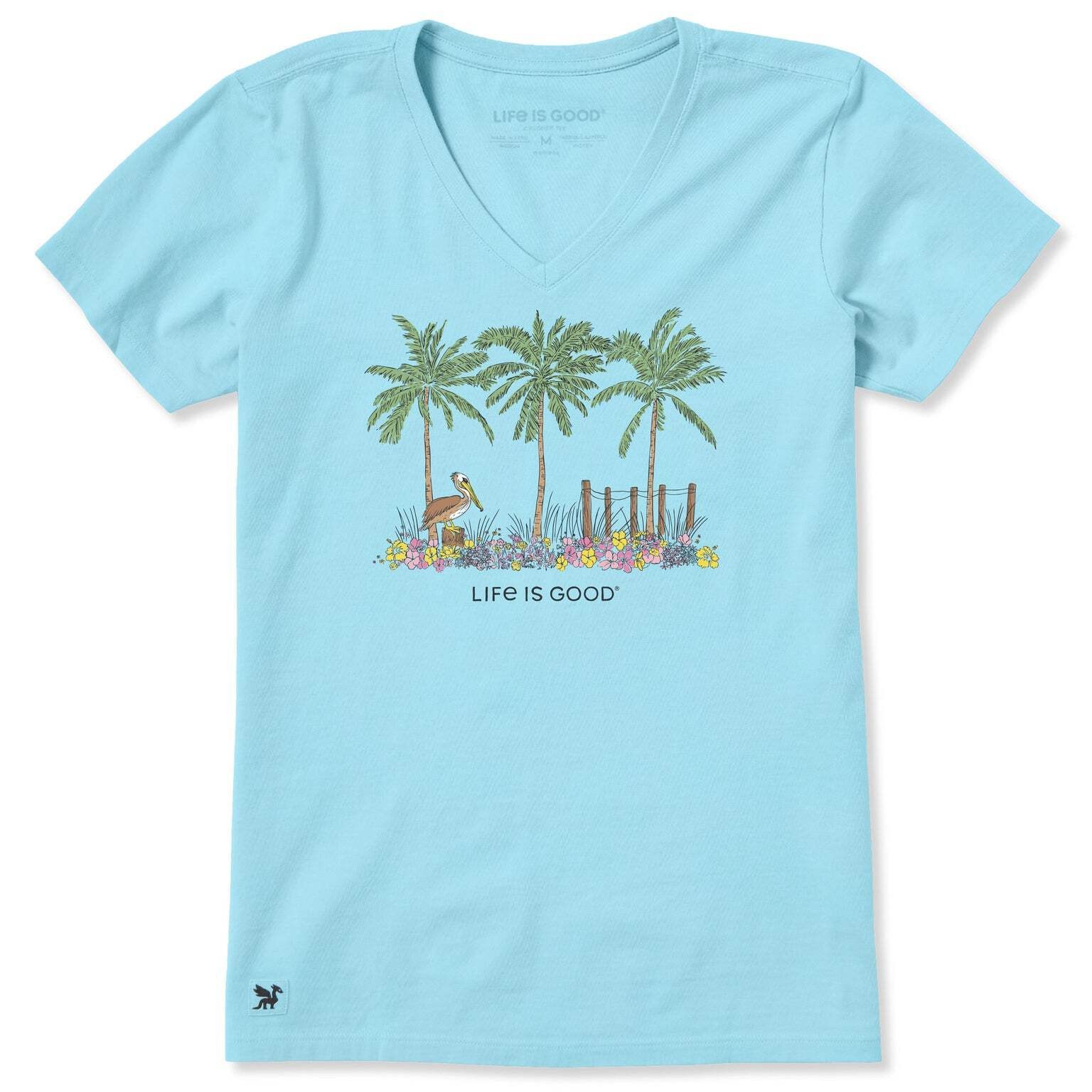 Life is Good 153681 – Women’s Pelican Palm Flowerbed Short Sleeve Vee – Aqua Blu