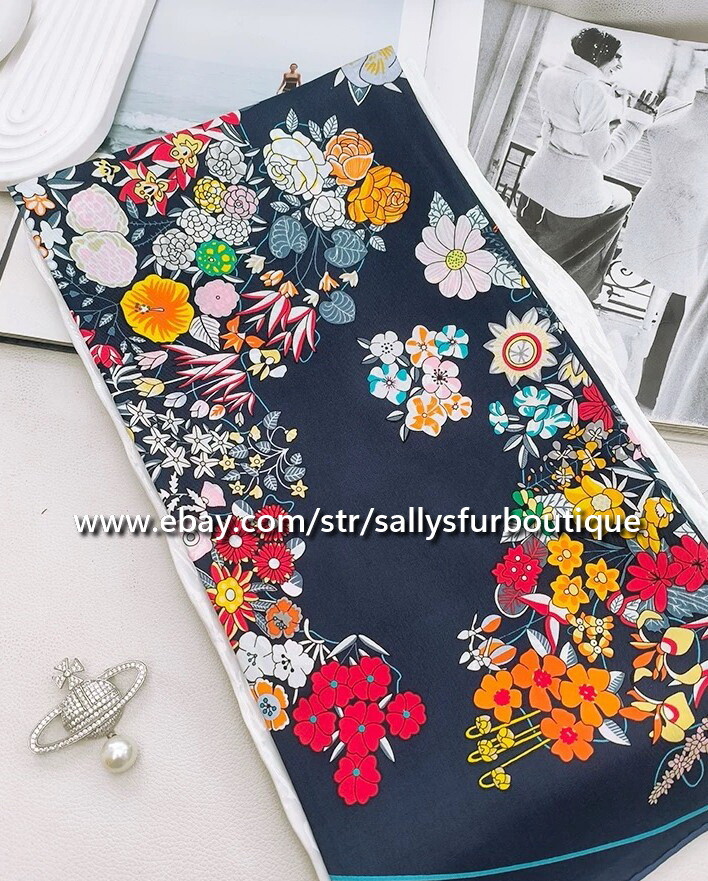 Sally 14~18 Momme Twill Silk Wrap Scarf Bandanna Vintage Flowers Print Shawl 35″