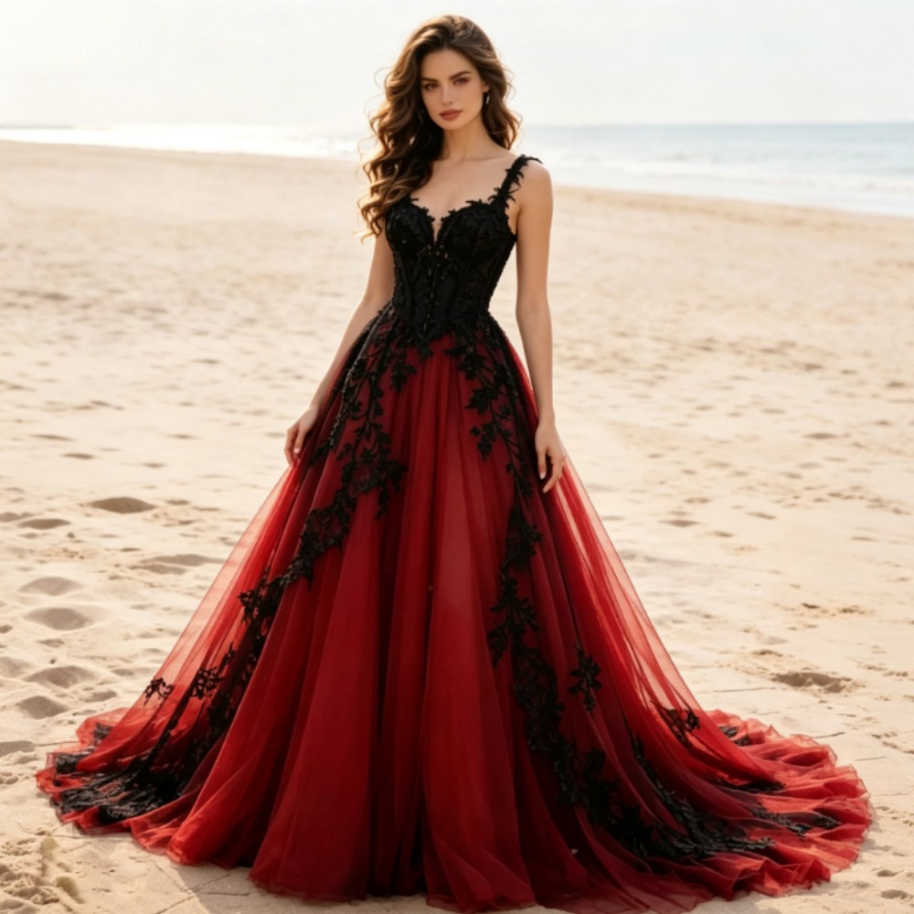 Retro Bohemian Black And Red Gothic Evening Dresses Vampire A Line Lace Applique