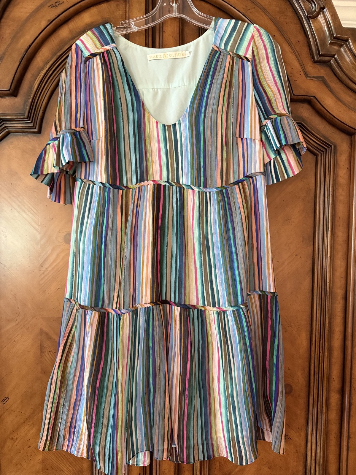 Marie Oliver Vanessa Striped Tiered Dress Flutter Sleeve Colorful Size S