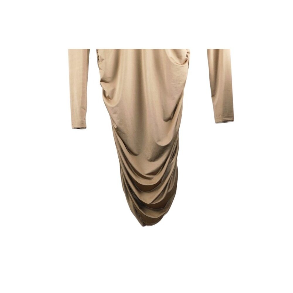 SHEIN BAE Long Sleeve Ruched Deep V Midi Dress – Size L – Tan/Khaki