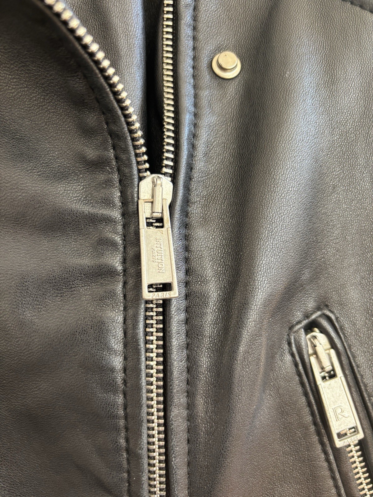 Intuition Paris Black Leather Moto Jacket 34/XS Zip Buckle Accent EUC