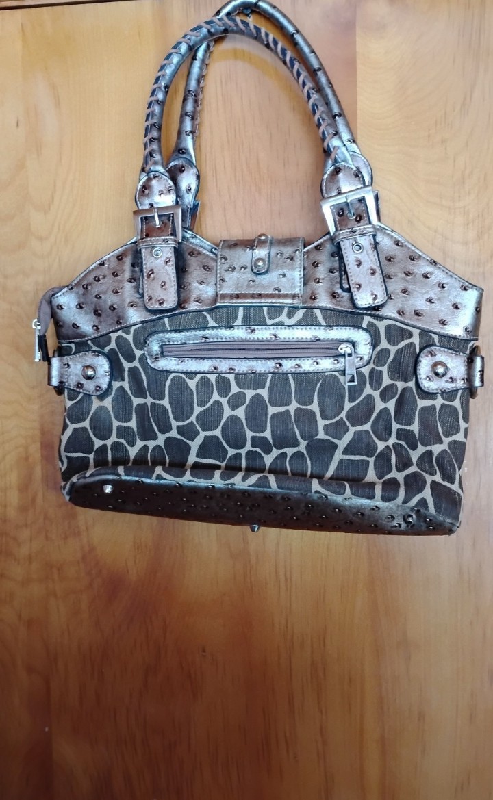 Womens Brown Animal Print Satchel Top Handle Bag Zip Lined Pockets Studded