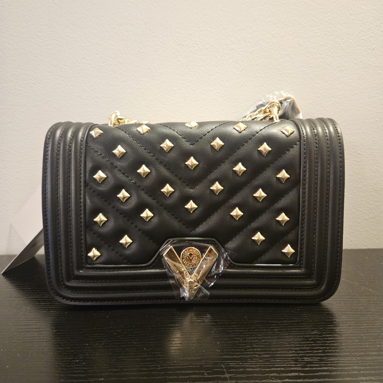 Valentino Orlandi Black Studded Quilted Shoulder Bag, Chain Strap Gold NWT