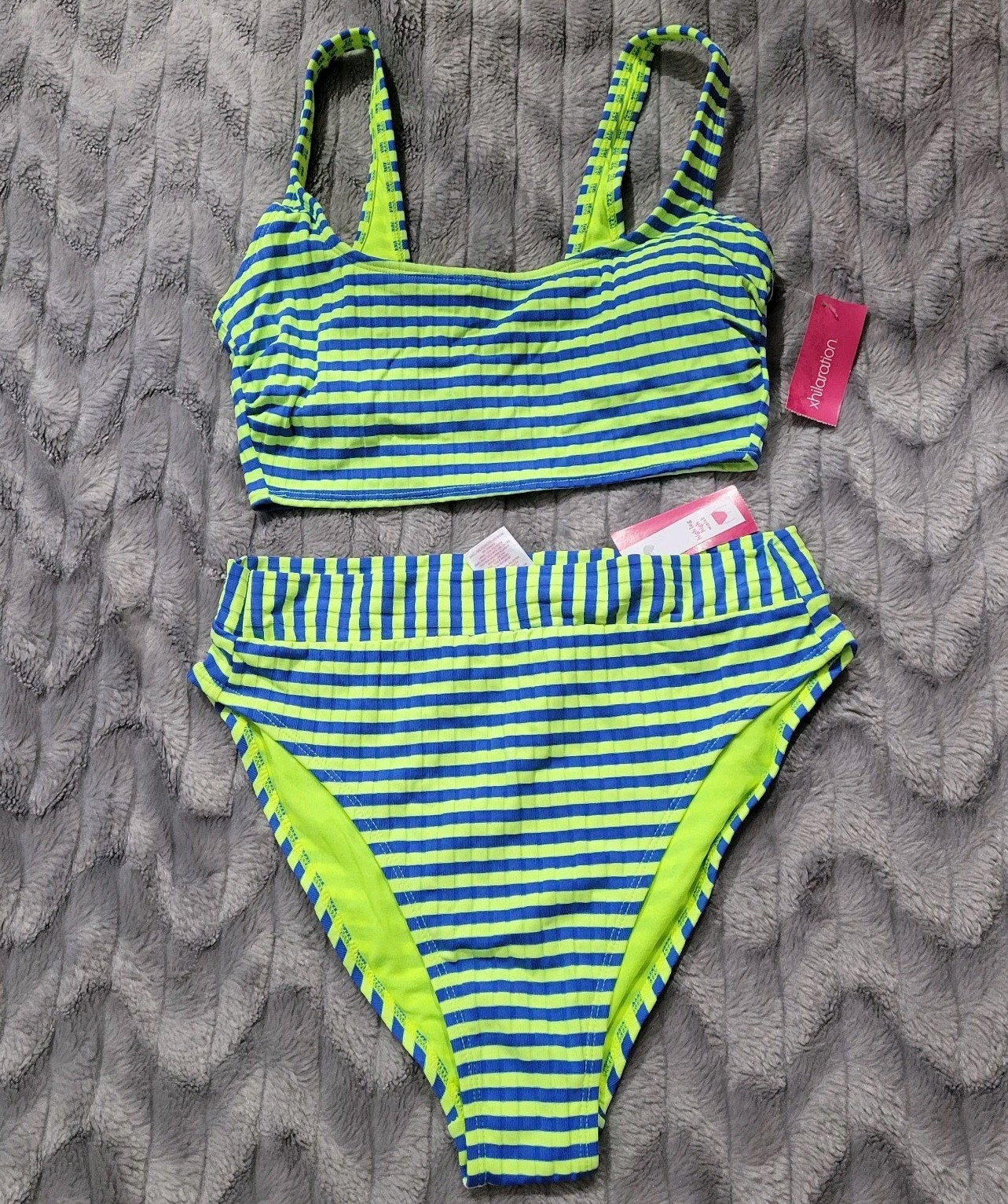 Xhilaration Womens L 8-10 Neon Green Blue Bikini Set Top Bottoms Swimsuit NWT