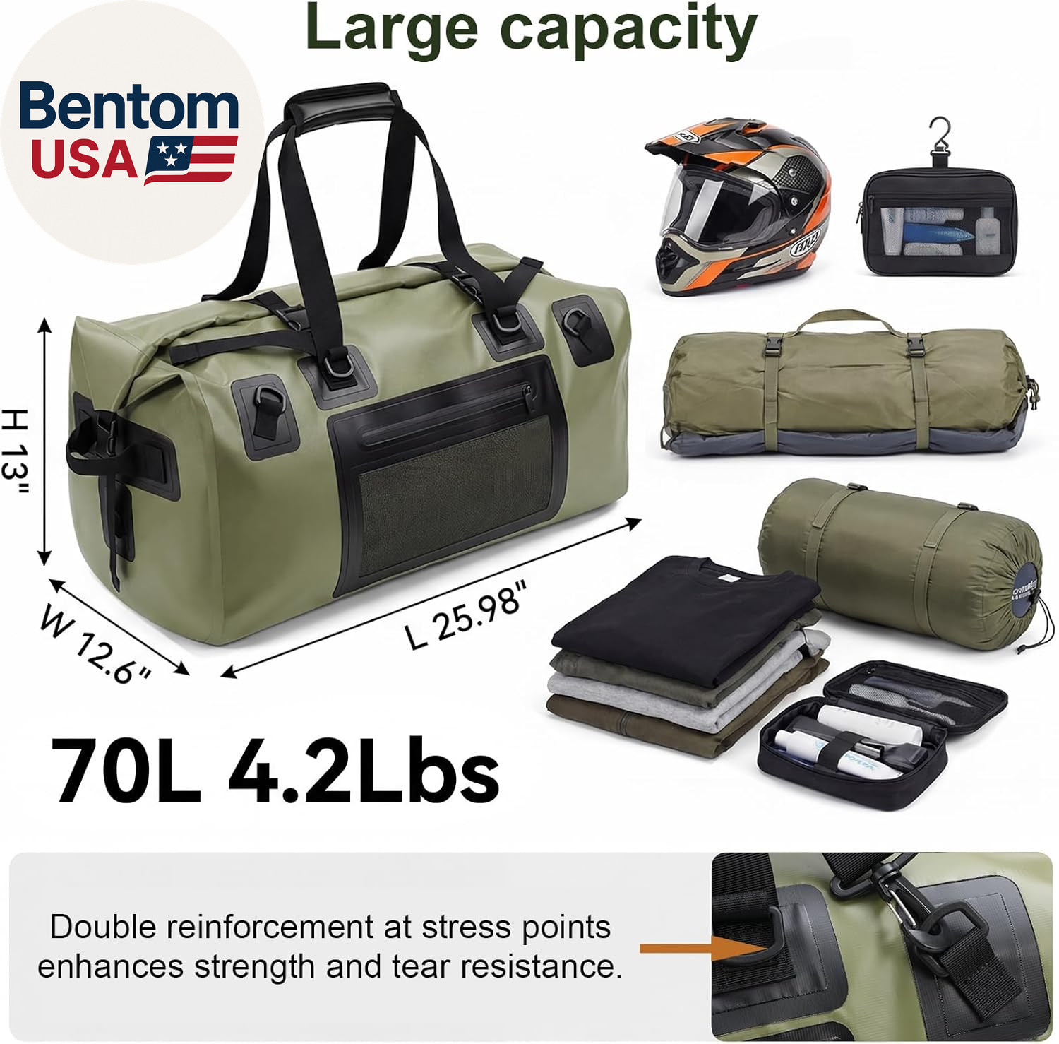 Waterproof Duffel Bag, 70L Large Motorcycle Dry Backpack, Heavy-Duty Roll Top Wa