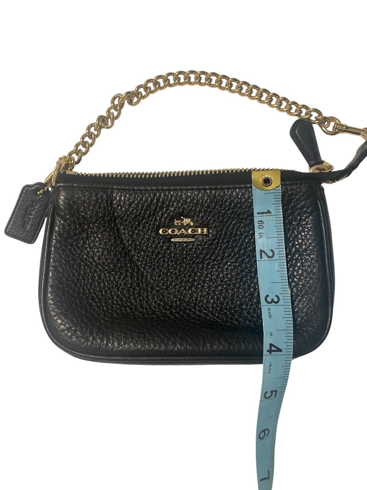 Coach Nolita 15 Clutch Black Pebbled Leather Wristlet Pouch w/ Gold-Tone Chain
