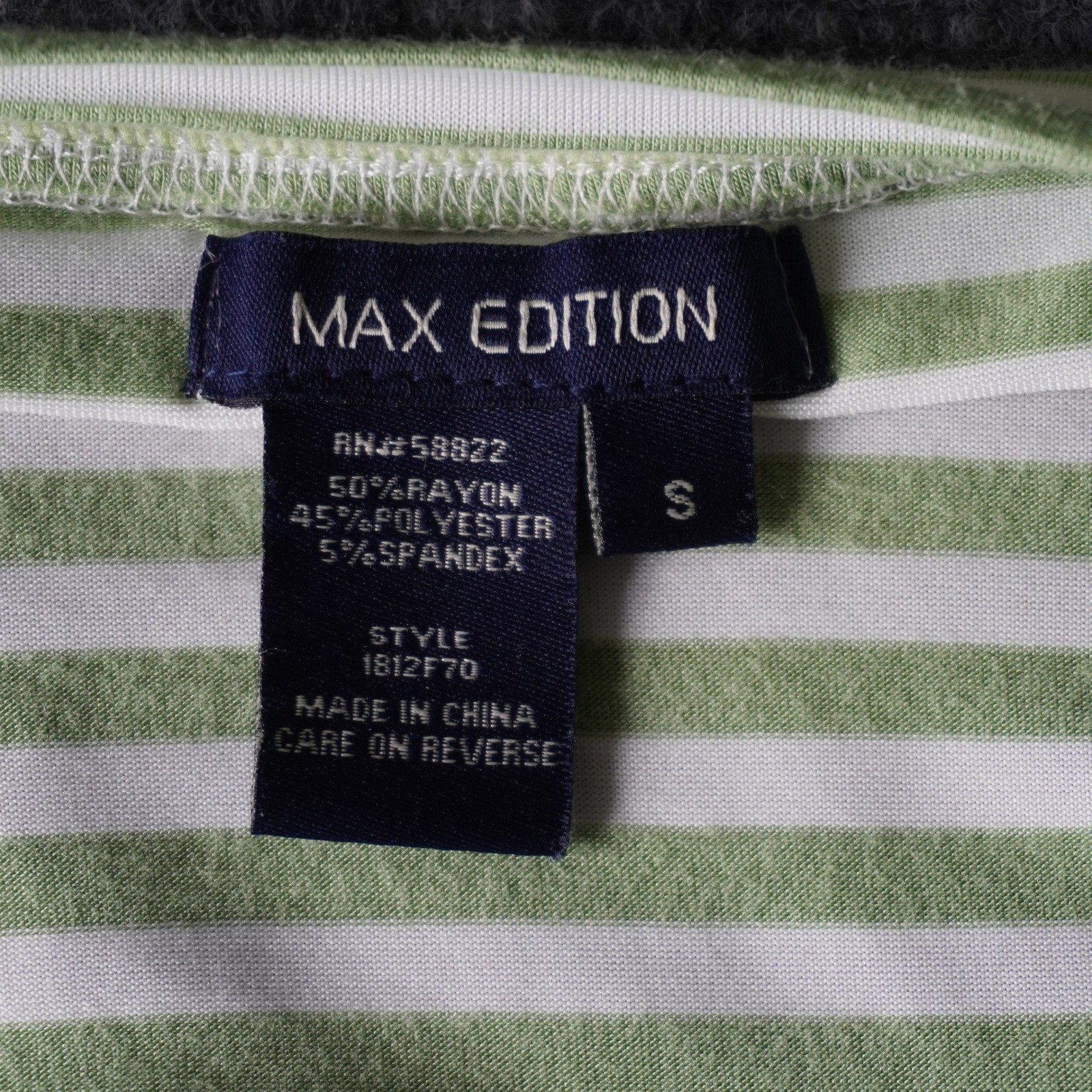Max Edition Striped V Neck Tunic Top Womens Small Green White Ruched Sleeve