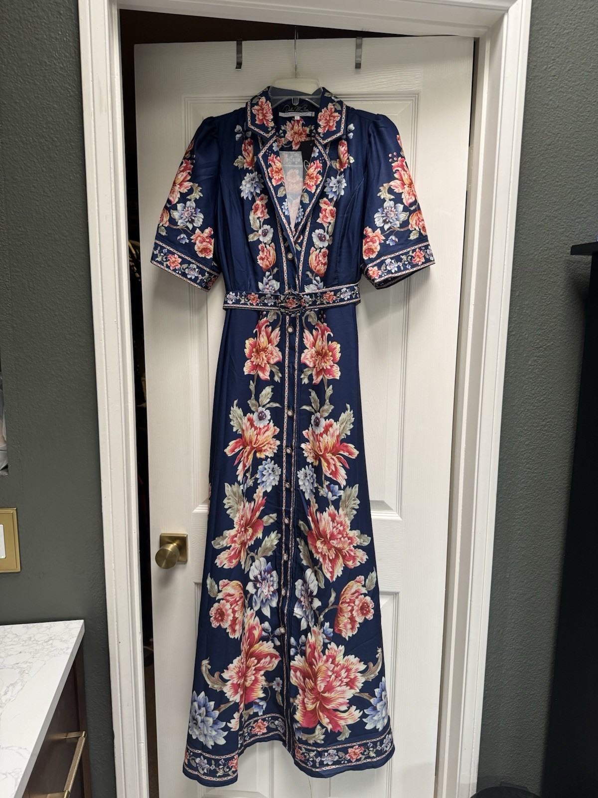 NWT Dalia MacPhee Vneck Shortsleeve Floral Border Print Maxi Dress Boho Chic XL