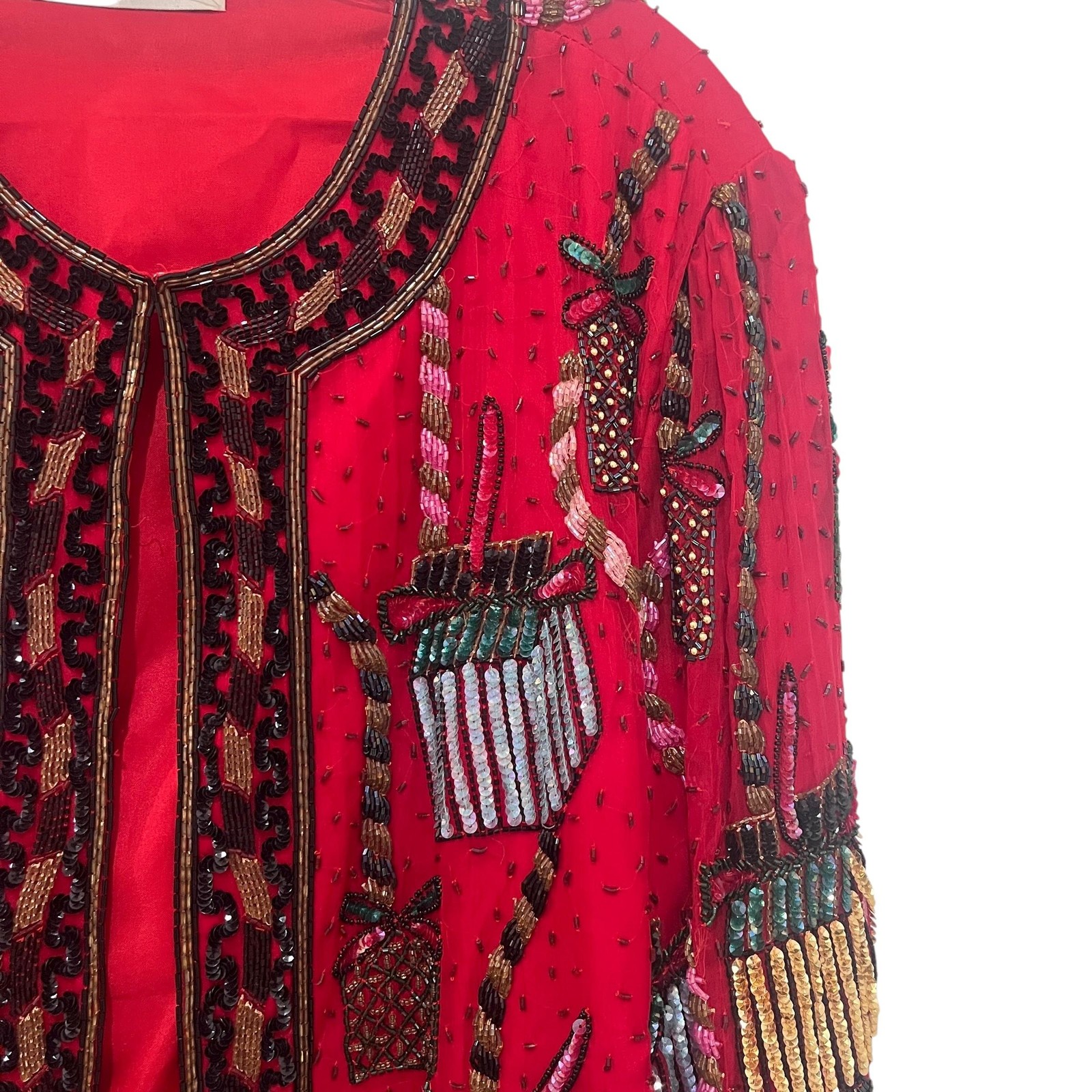 Vintage Scala Beaded Jacket Womens Red Sequin Holiday Party Gift Present L-XL