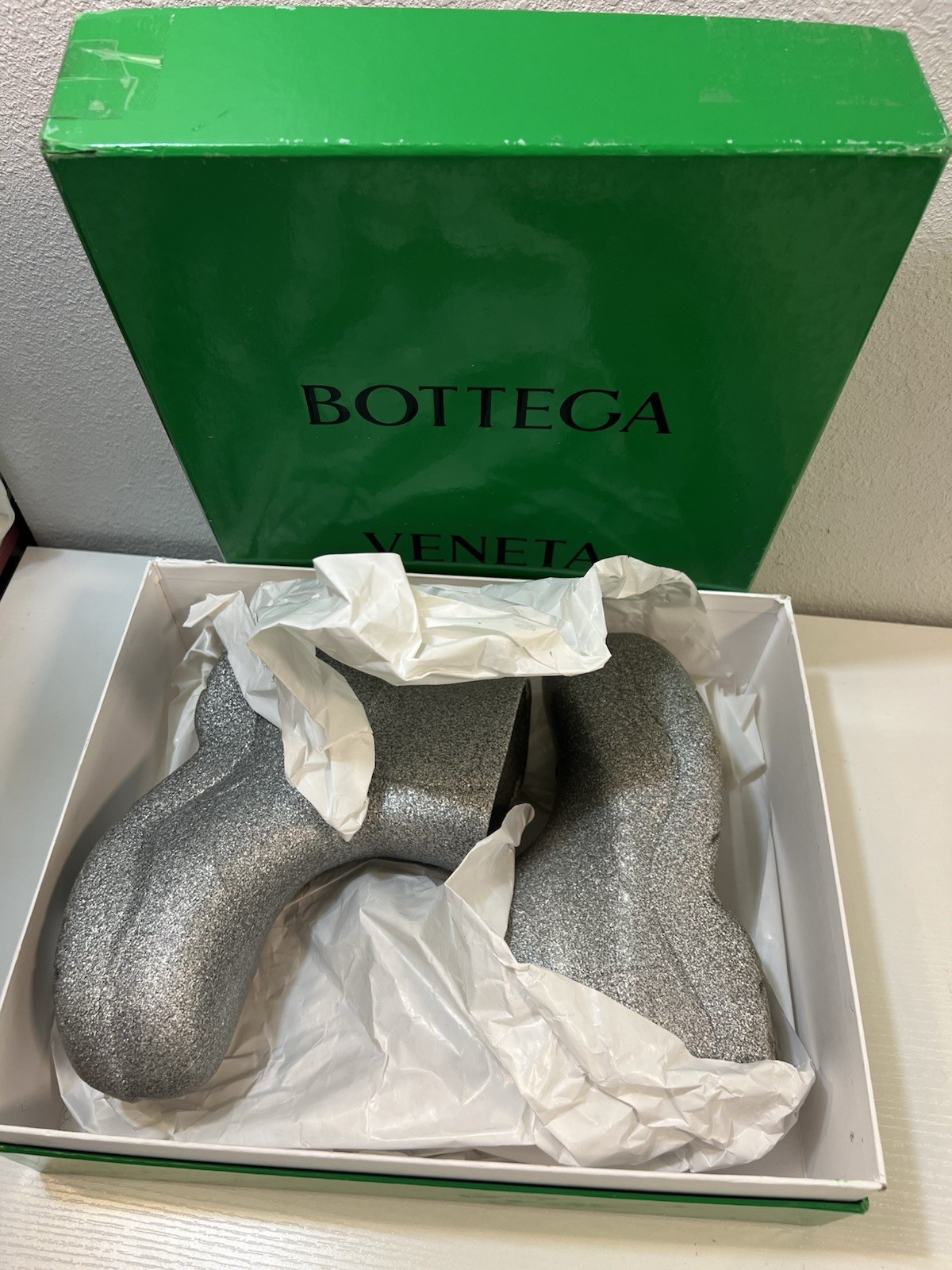 Bottega Veneta Puddle Boots 38 Icon Rainboots Silver Glitter Platform PVC Rubber