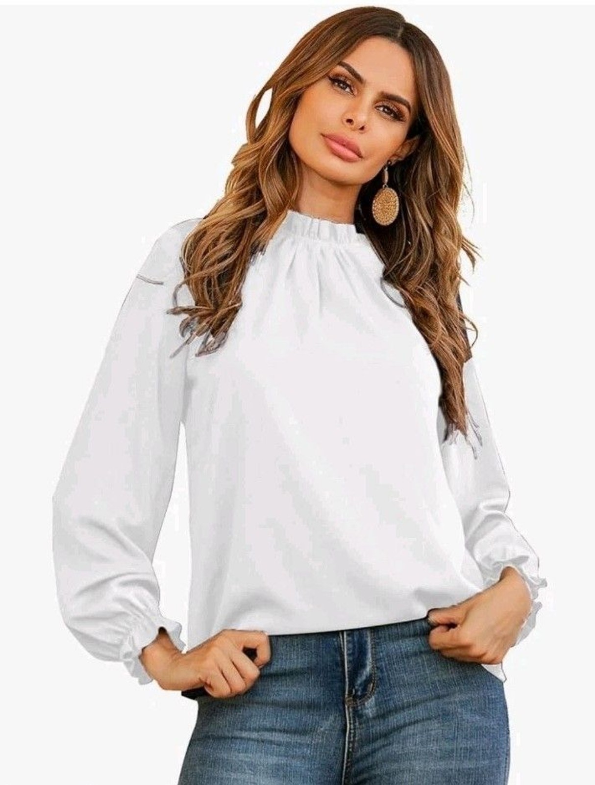 NEW LYANER White Frill Mock-Neck Blouse Small | Pleated Long-Sleeve Feminine Top