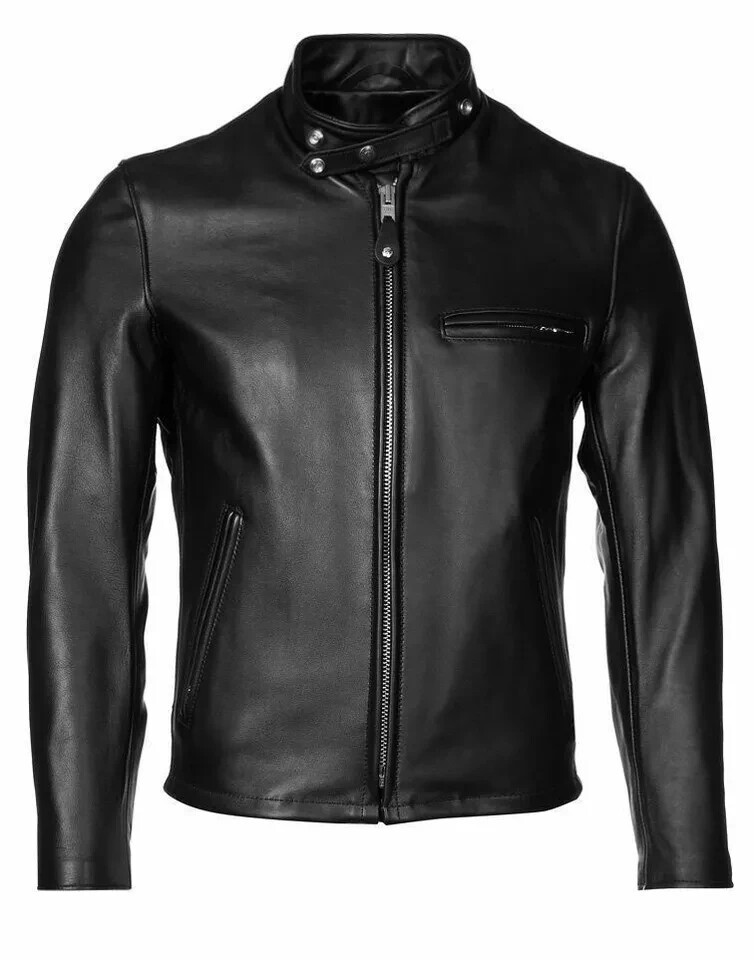 Cafe Racer Retro Men’s Motorcycle Biker Leather Jacket Black Real Sheepskin