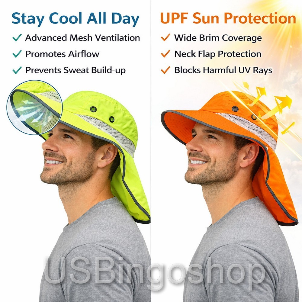 Men Neck Flap Boonie High Visibility Safety Reflective Waterproof Bucket Hat Cap