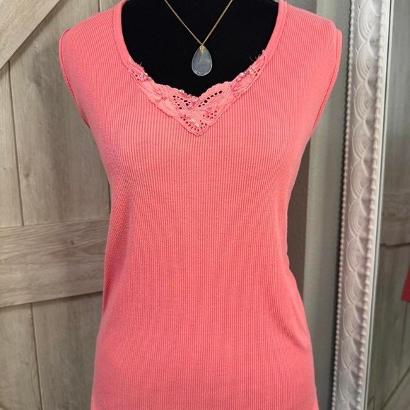 VTG Extra Touch Pink Ribbed Lace Trim Tank Top Plus 3X