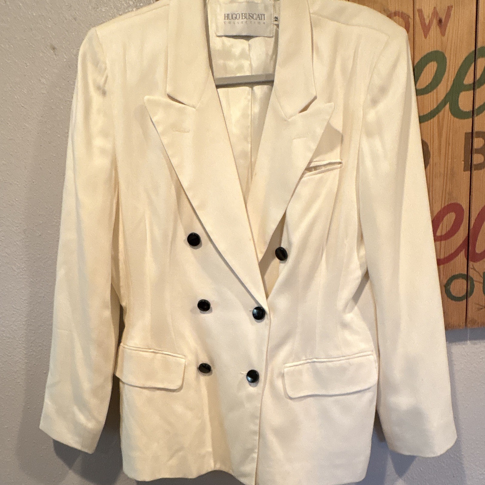 Vintage Hugo Buscati Ivory Double Breasted Blazer Jacket, Lined Pockets, 12,