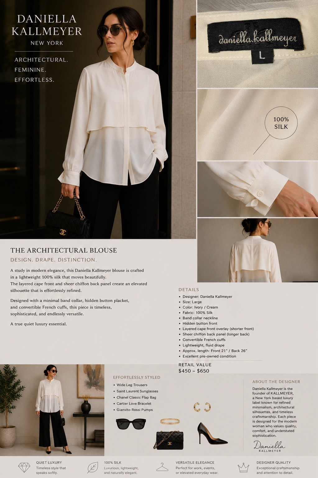 Daniella Kallmeyer Silk Chiffon French Cuff Blouse Designer Luxury $595 Price ⬇️
