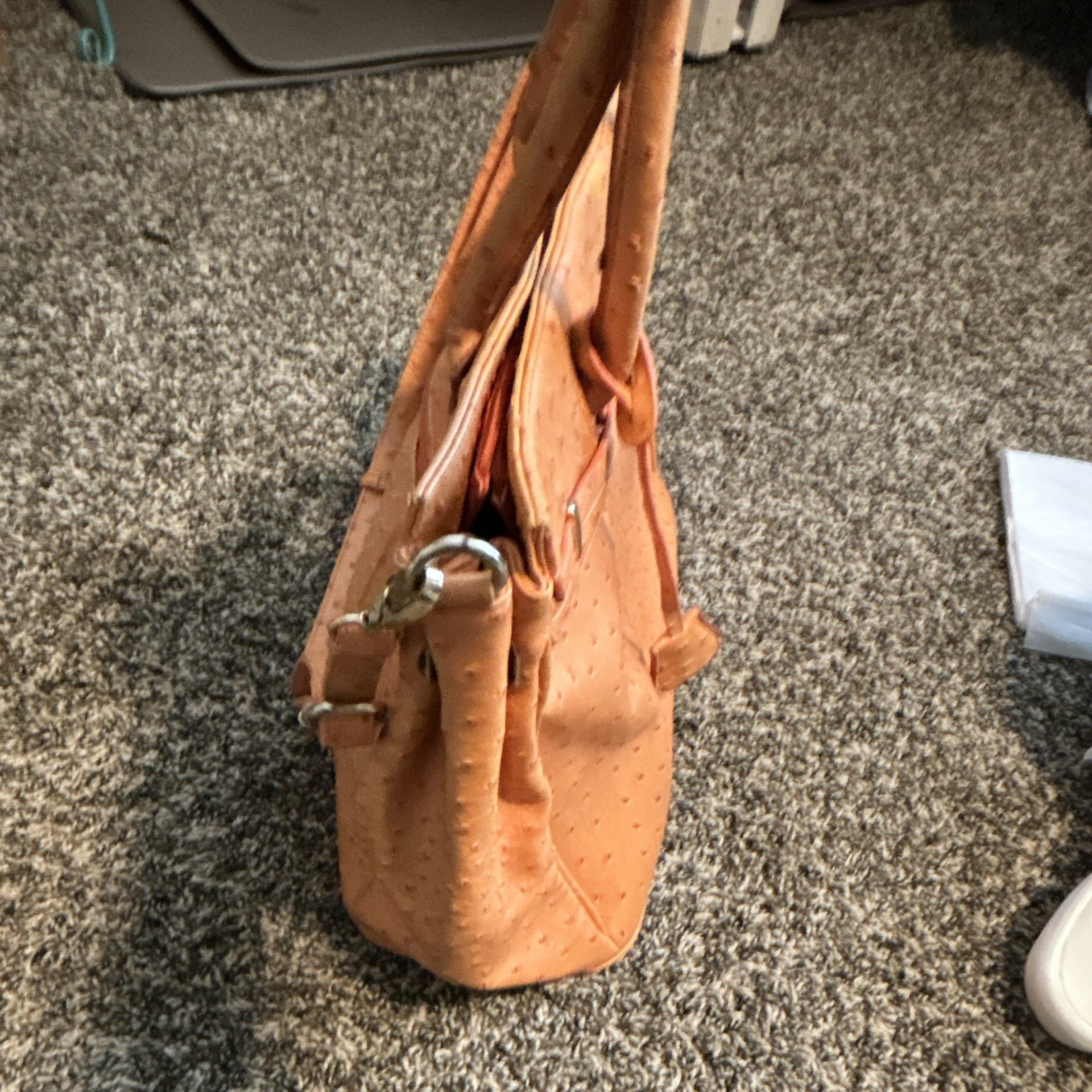 Ostrich Embossed Tan Large Satchel Top Handle, Detachable Strap, Zip/Lock
