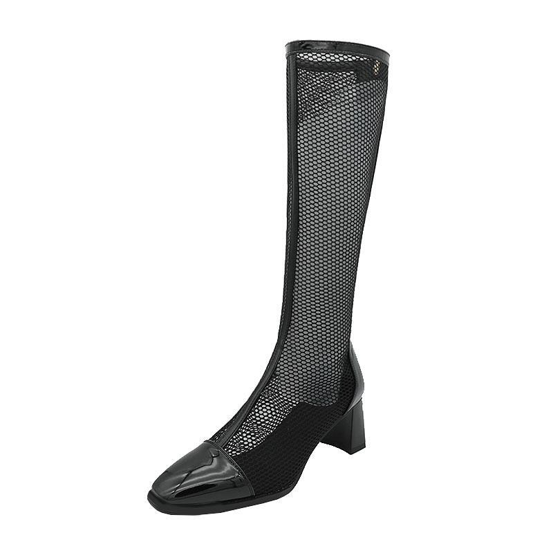 Mid Calf Boots Womens Block Heel Sandal Net Mesh Hollow Out Shoes Plus Size Lady