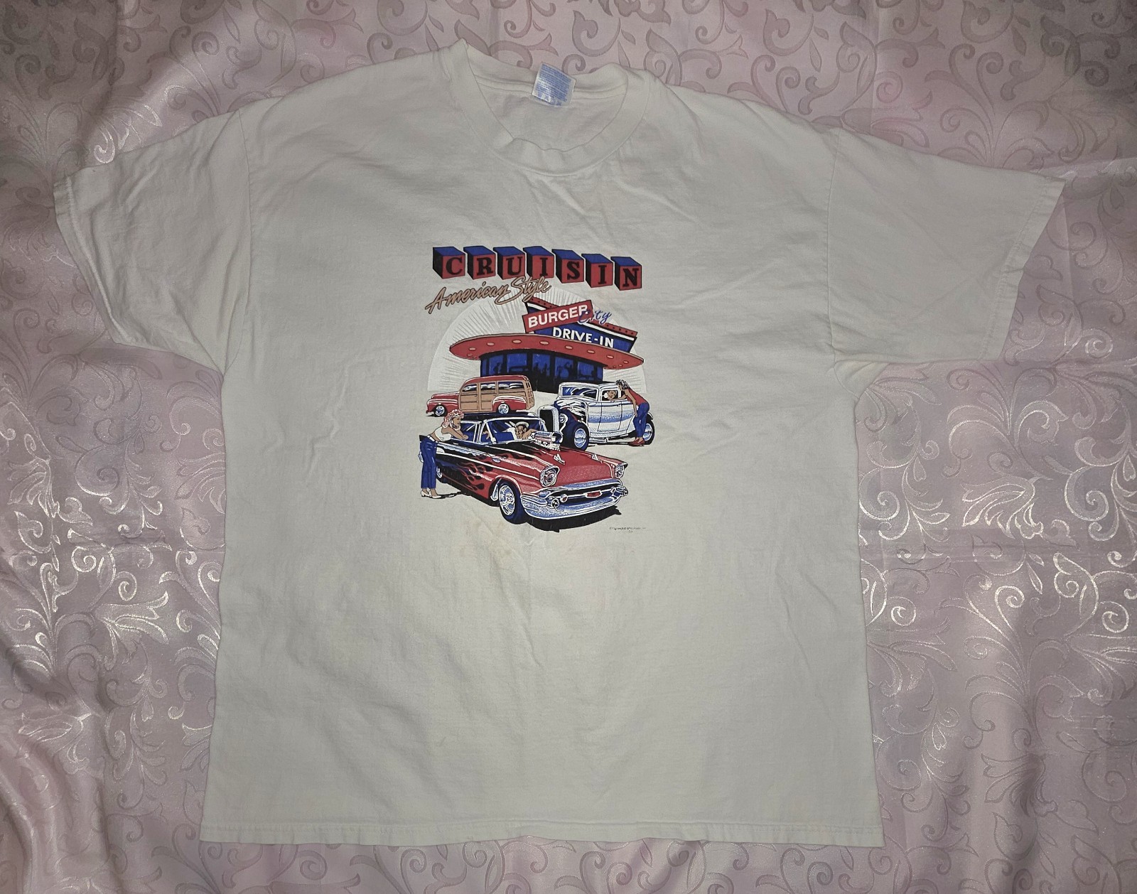 Vintage 90s Burger City Drive In Tshirt Mens 2XL XXL Classic Cars Hot Rods 1998