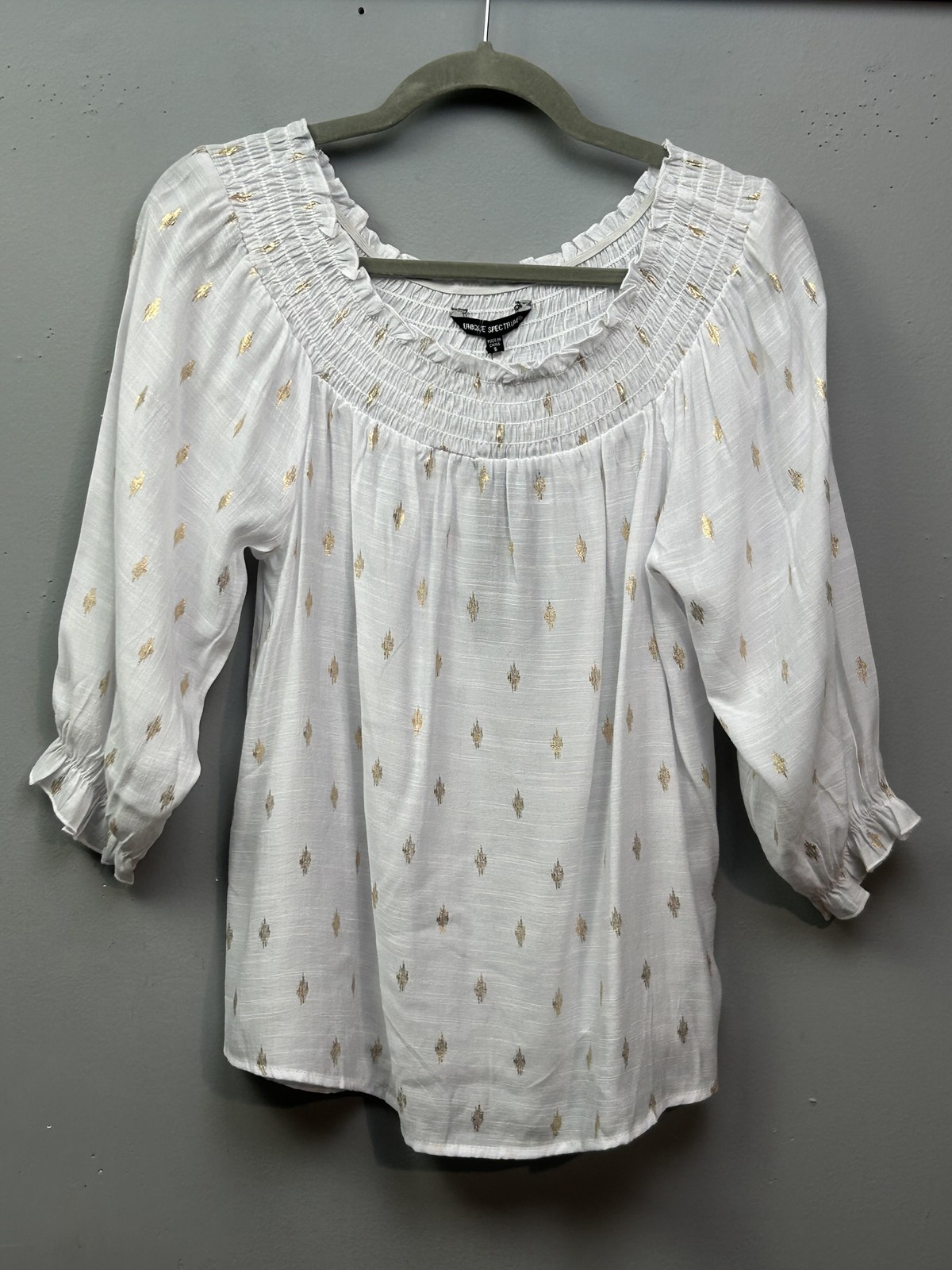Unique Spectrum Blouse Womens Small Gold Metallic Boho 3/4 Sleeve Pullover Top