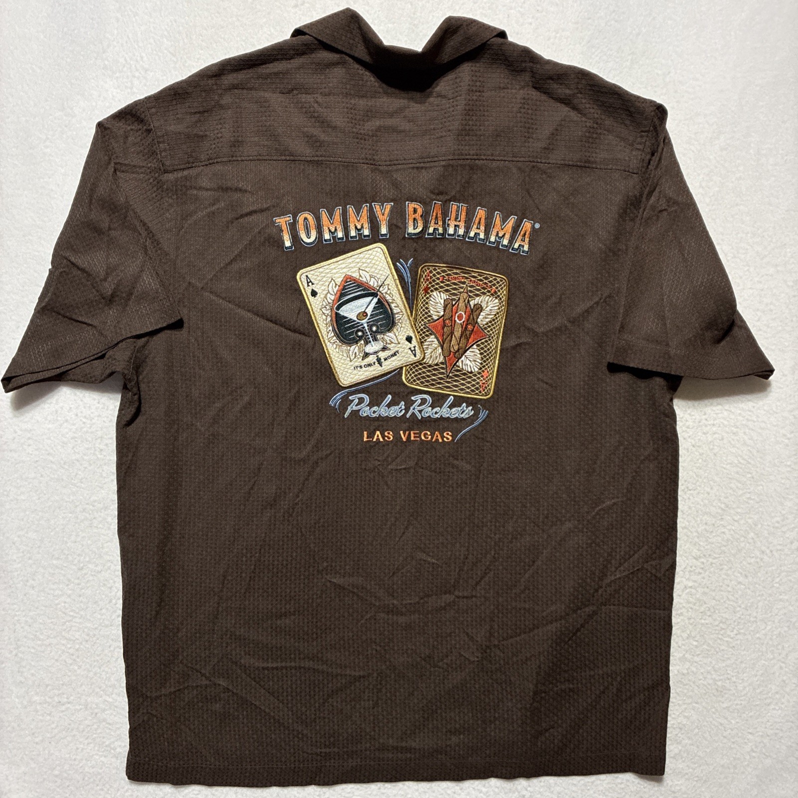 Tommy Bahama Silk Shirt Pocket Rockets Casino Gamble Hawaiian Embroidered Large