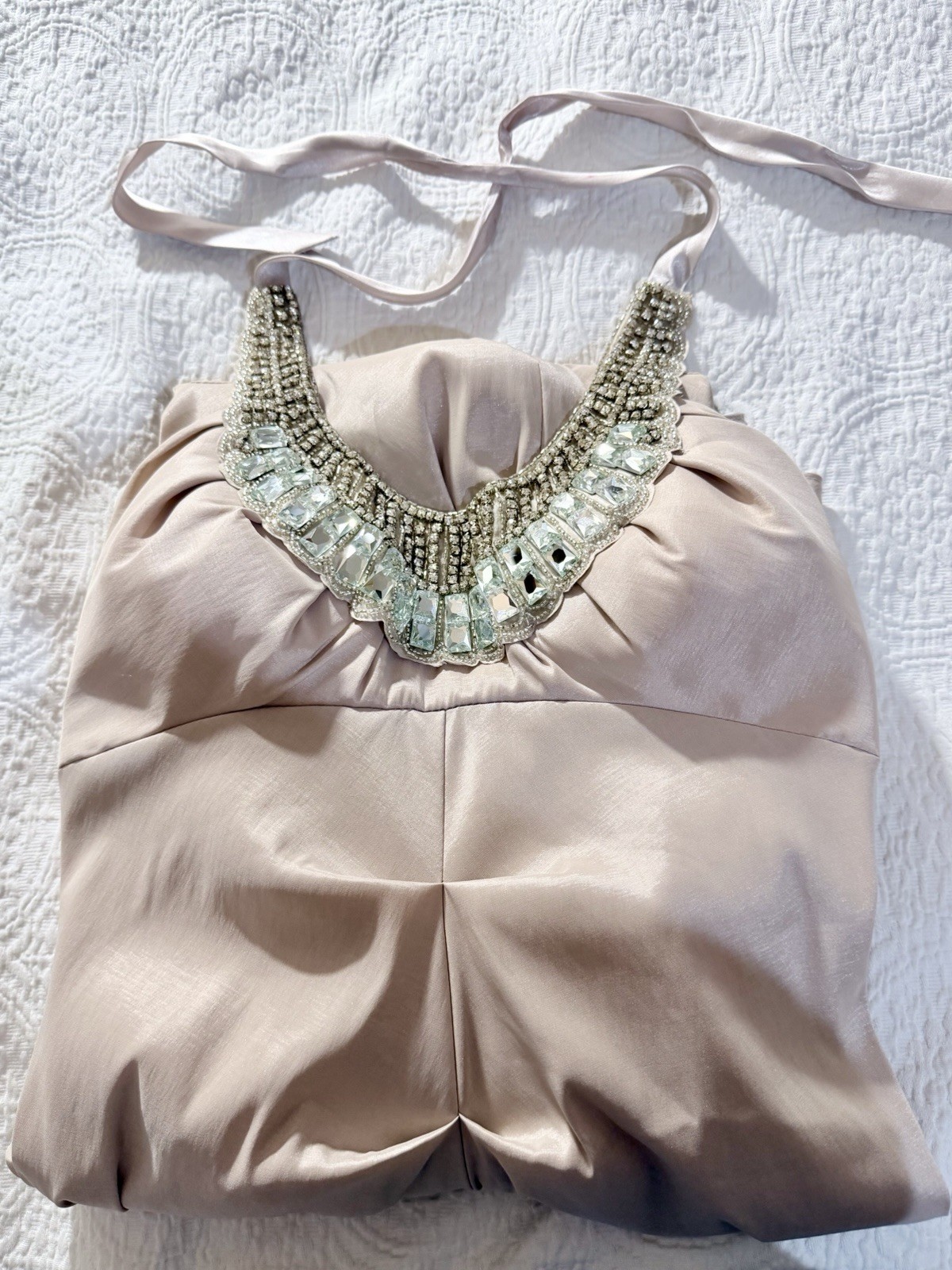 Champagne Halter Mermaid Prom Evening Gown Beaded Neckline Ruched Bodice 5/6